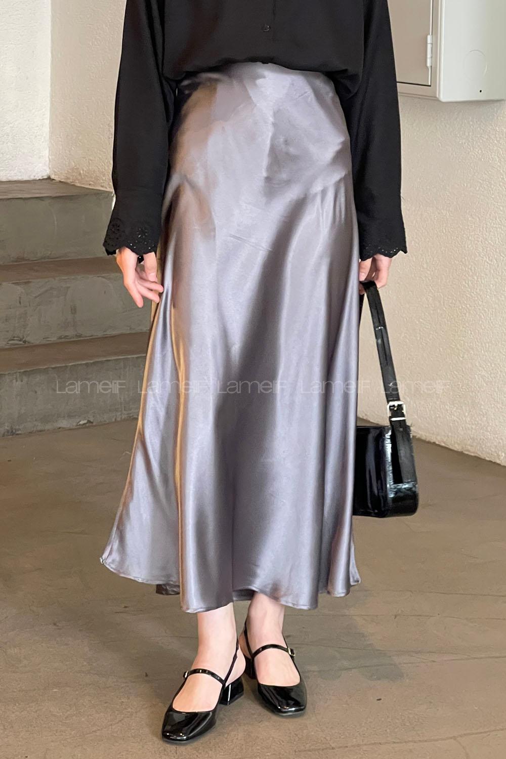 Lamelif Düz Saten Çan Etek Antrasit