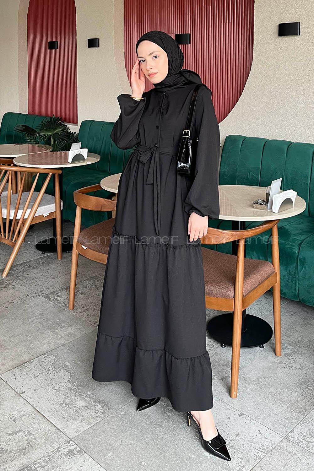 Lamelif Katlı Keten Elbise Siyah