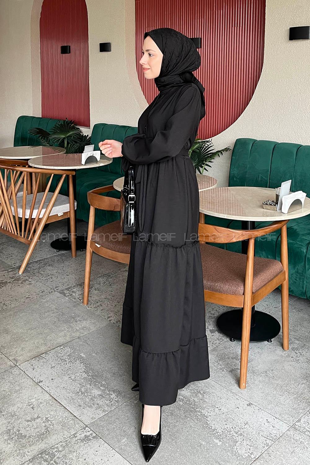 Lamelif Katlı Keten Elbise Siyah