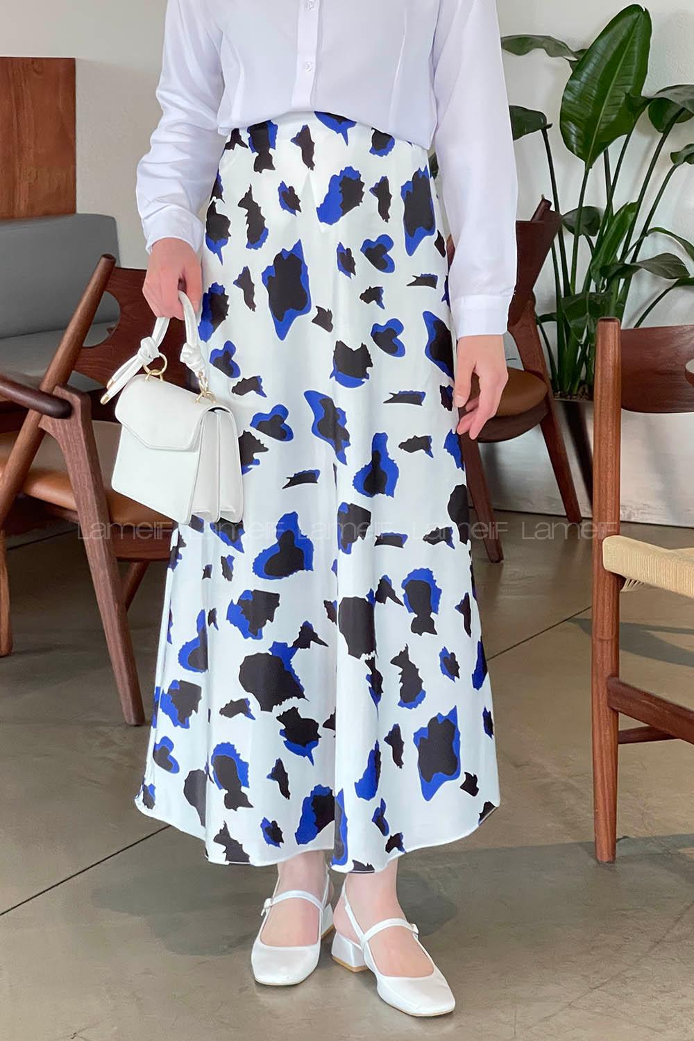 Lamelif Saten Pamuklu Soyut Desen Etek Beyaz