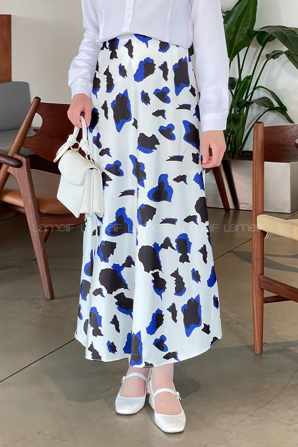 Lamelif Saten Pamuklu Soyut Desen Etek Beyaz