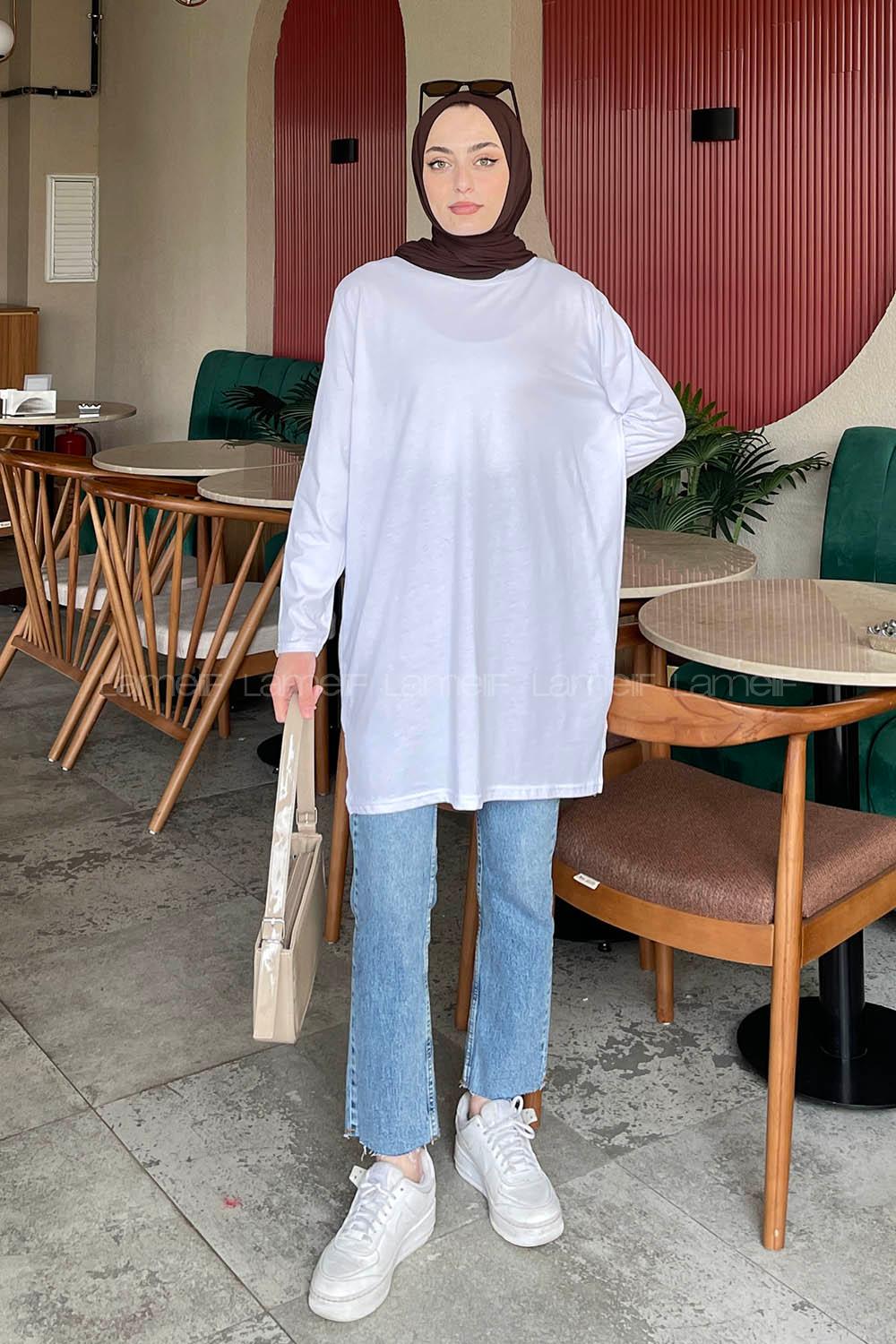 Lamelif Yan Yırtmaçlı Uzun Kol Tunik Beyaz