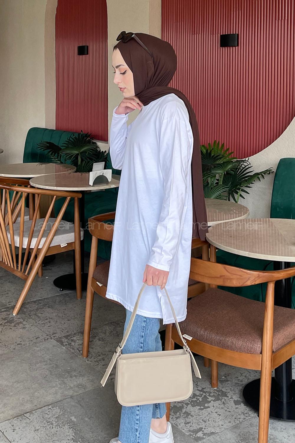 Lamelif Yan Yırtmaçlı Uzun Kol Tunik Beyaz