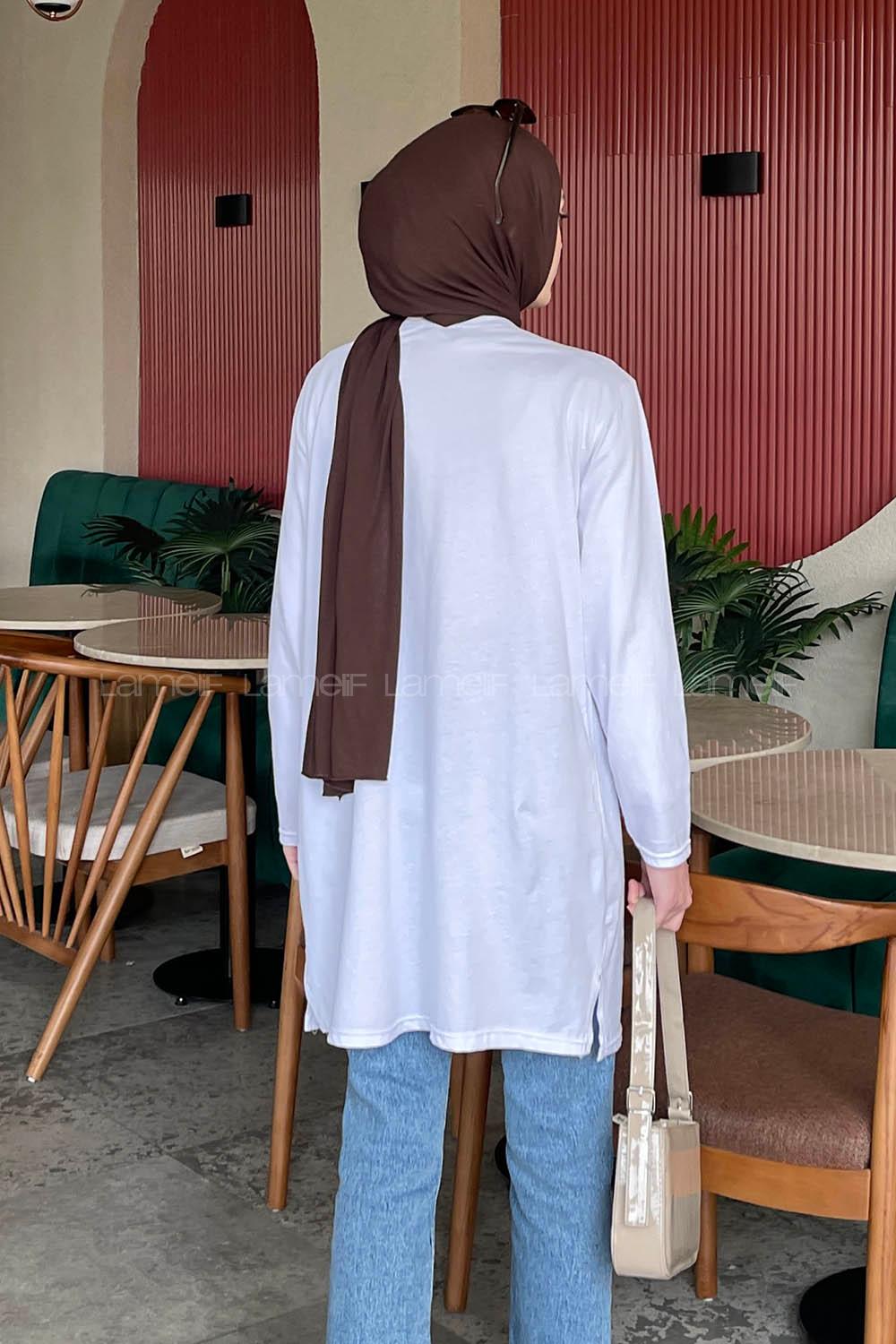 Lamelif Yan Yırtmaçlı Uzun Kol Tunik Beyaz