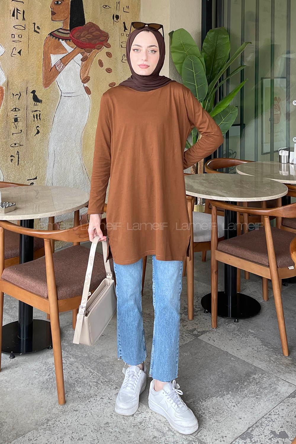 Lamelif Yan Yırtmaçlı Uzun Kol Tunik Kahverengi