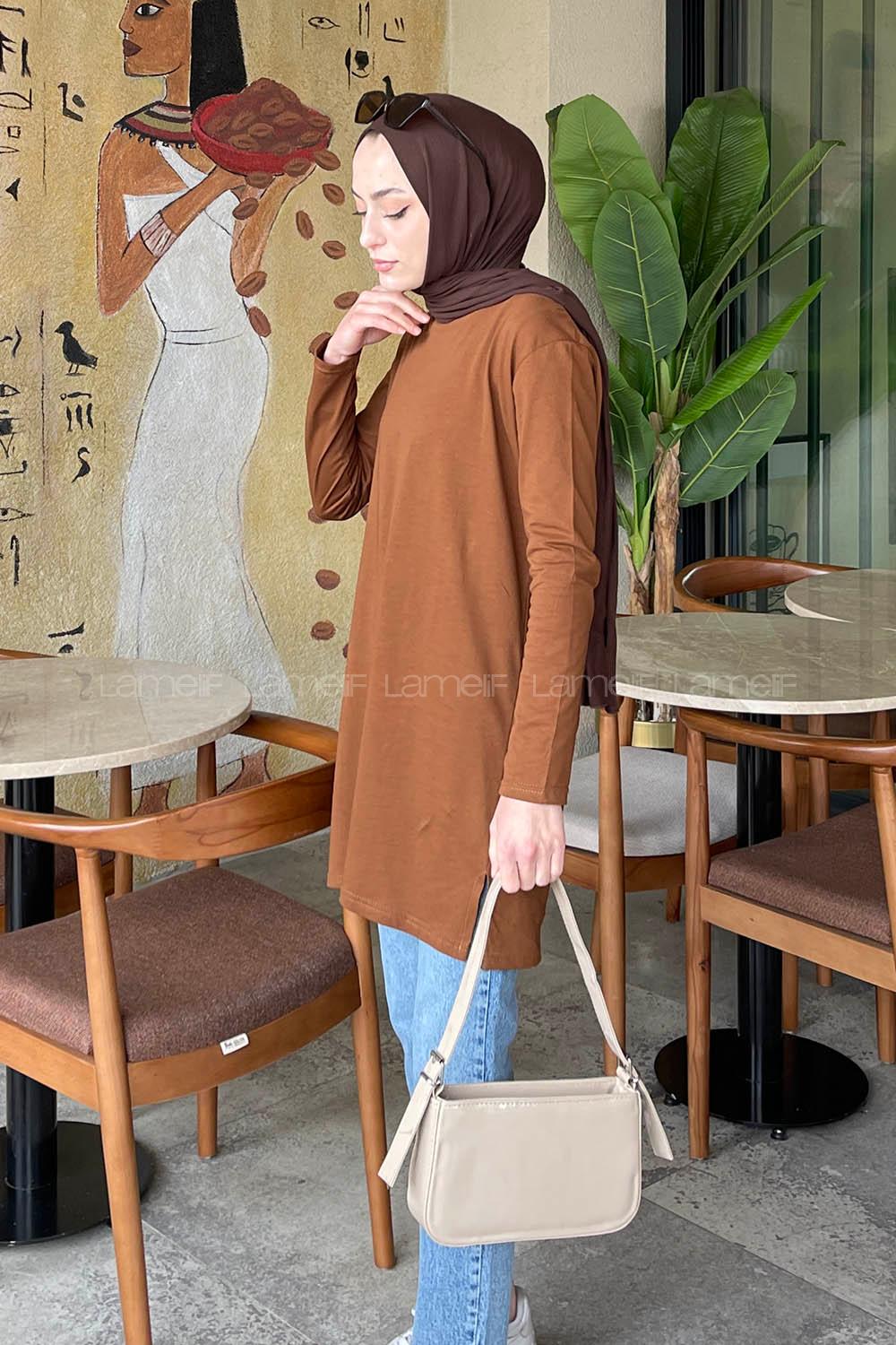 Lamelif Yan Yırtmaçlı Uzun Kol Tunik Kahverengi