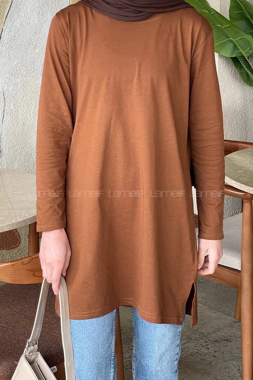 Lamelif Yan Yırtmaçlı Uzun Kol Tunik Kahverengi