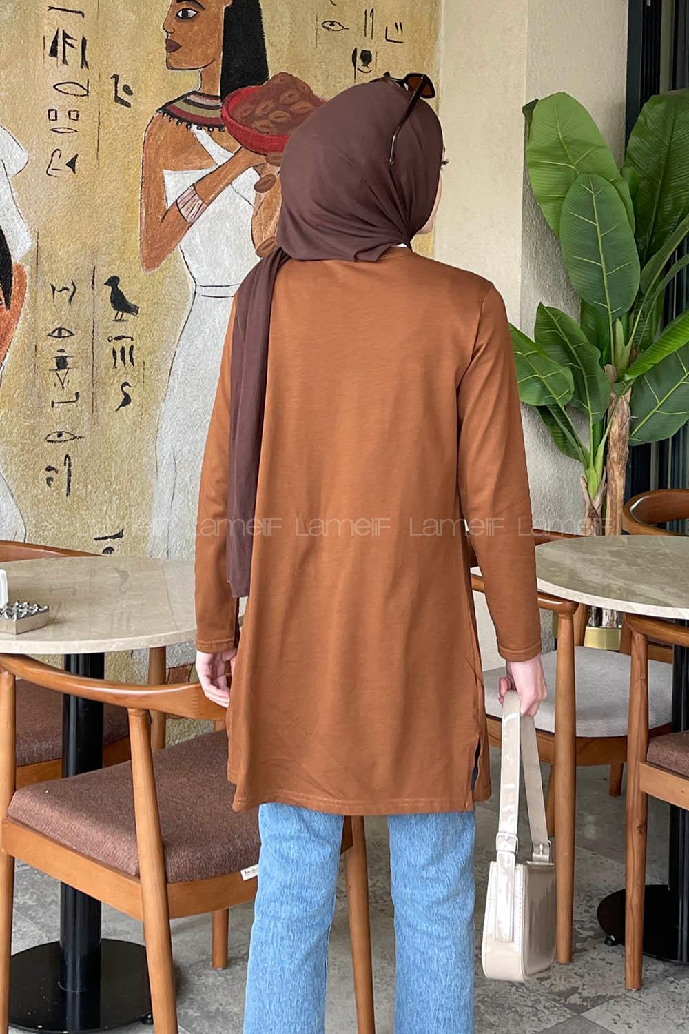 Lamelif Yan Yırtmaçlı Uzun Kol Tunik Kahverengi