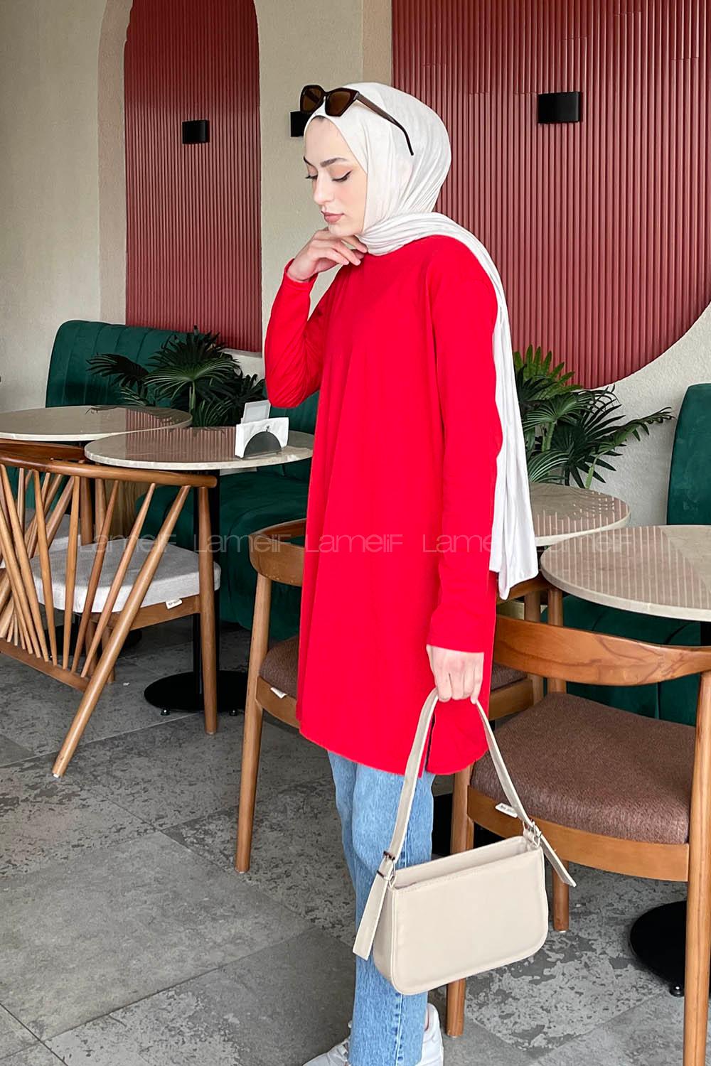 Lamelif Yan Yırtmaçlı Uzun Kol Tunik Kırmızı