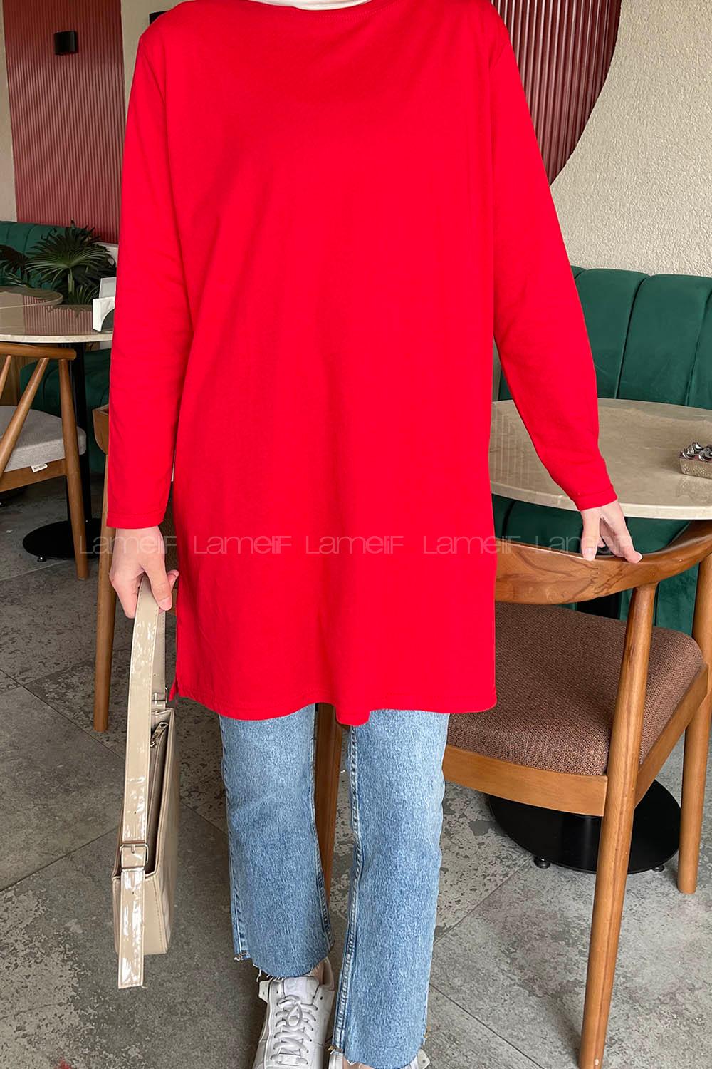 Lamelif Yan Yırtmaçlı Uzun Kol Tunik Kırmızı