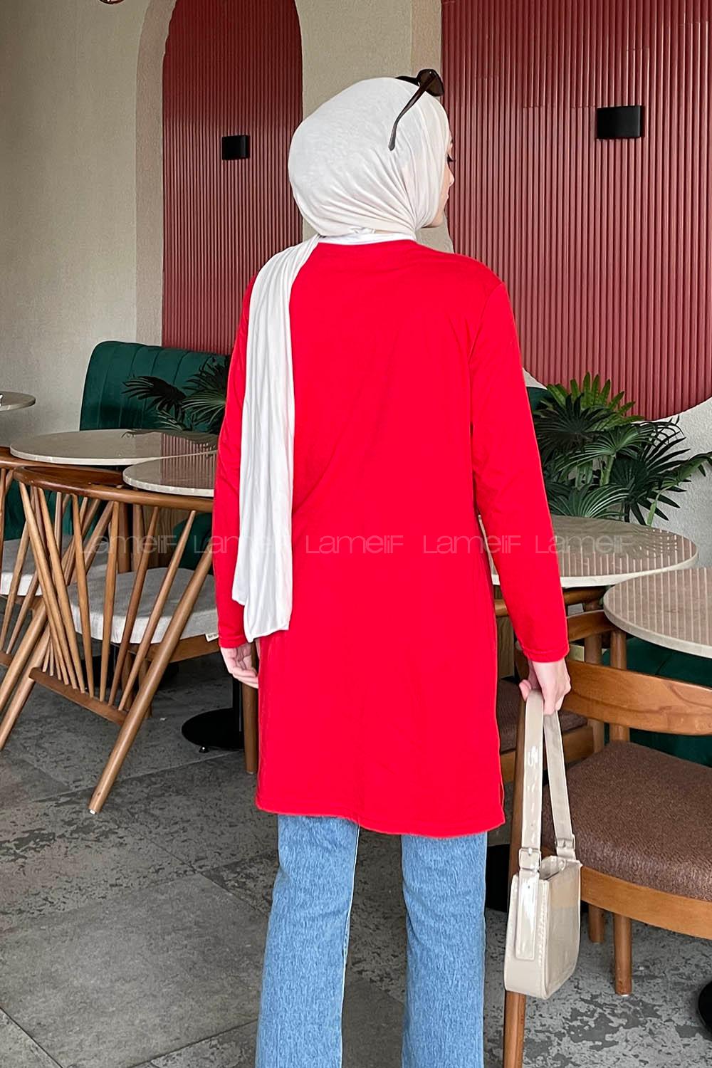 Lamelif Yan Yırtmaçlı Uzun Kol Tunik Kırmızı
