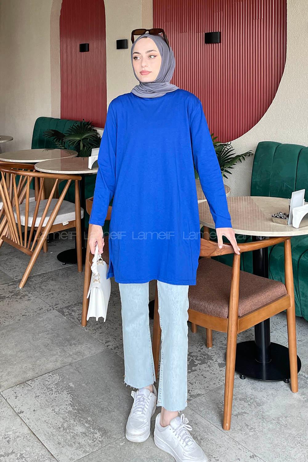 Lamelif Yan Yırtmaçlı Uzun Kol Tunik Saks Mavisi