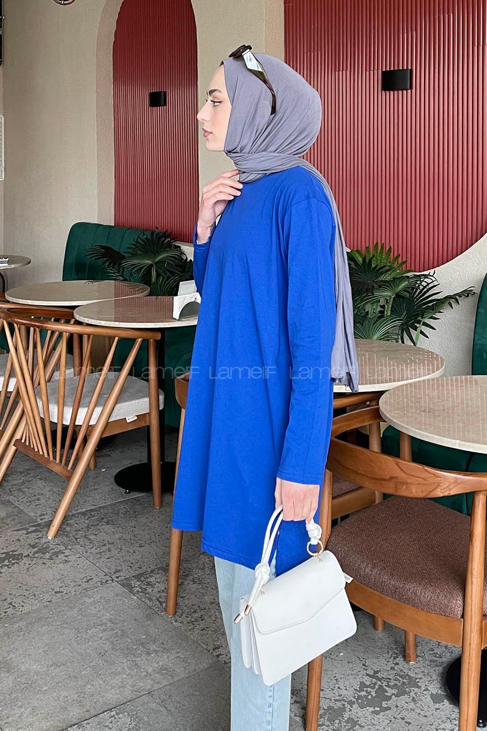 Lamelif Yan Yırtmaçlı Uzun Kol Tunik Saks Mavisi