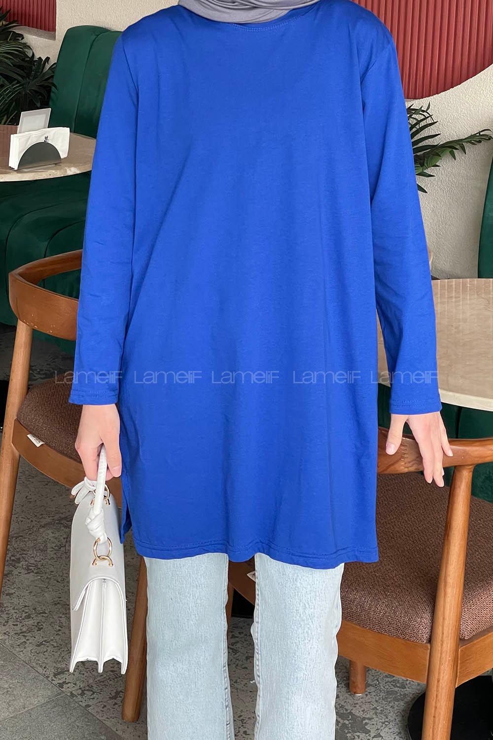 Lamelif Yan Yırtmaçlı Uzun Kol Tunik Saks Mavisi