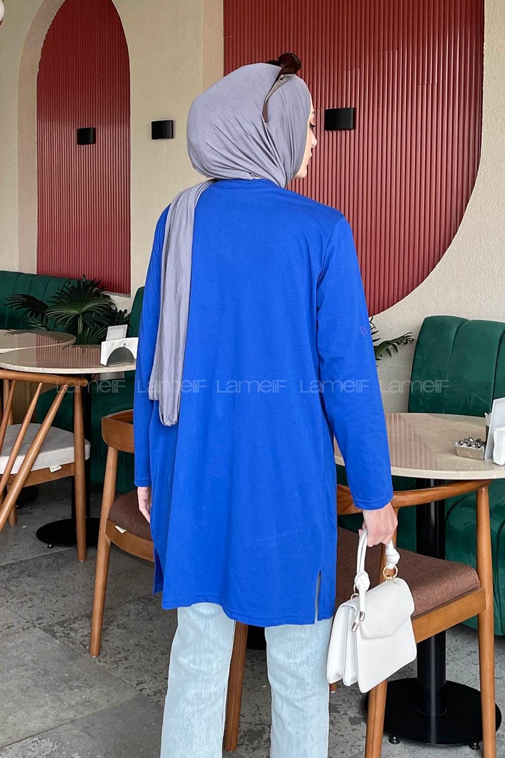 Lamelif Yan Yırtmaçlı Uzun Kol Tunik Saks Mavisi