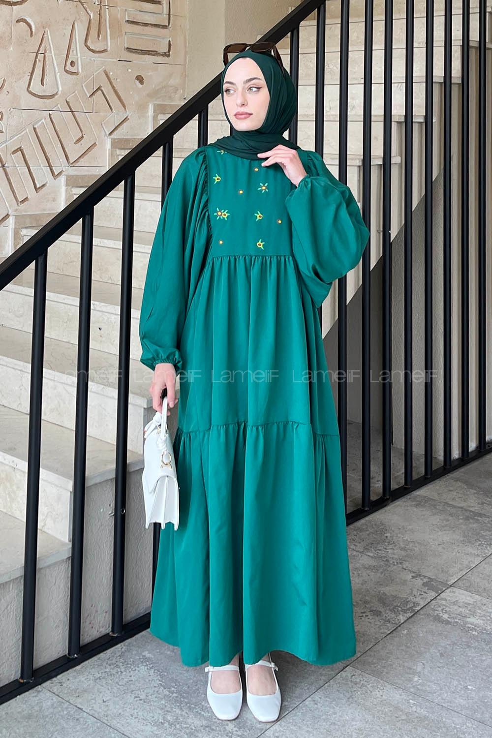 Lamelif Elica Tesettür Elbise Zümrüt