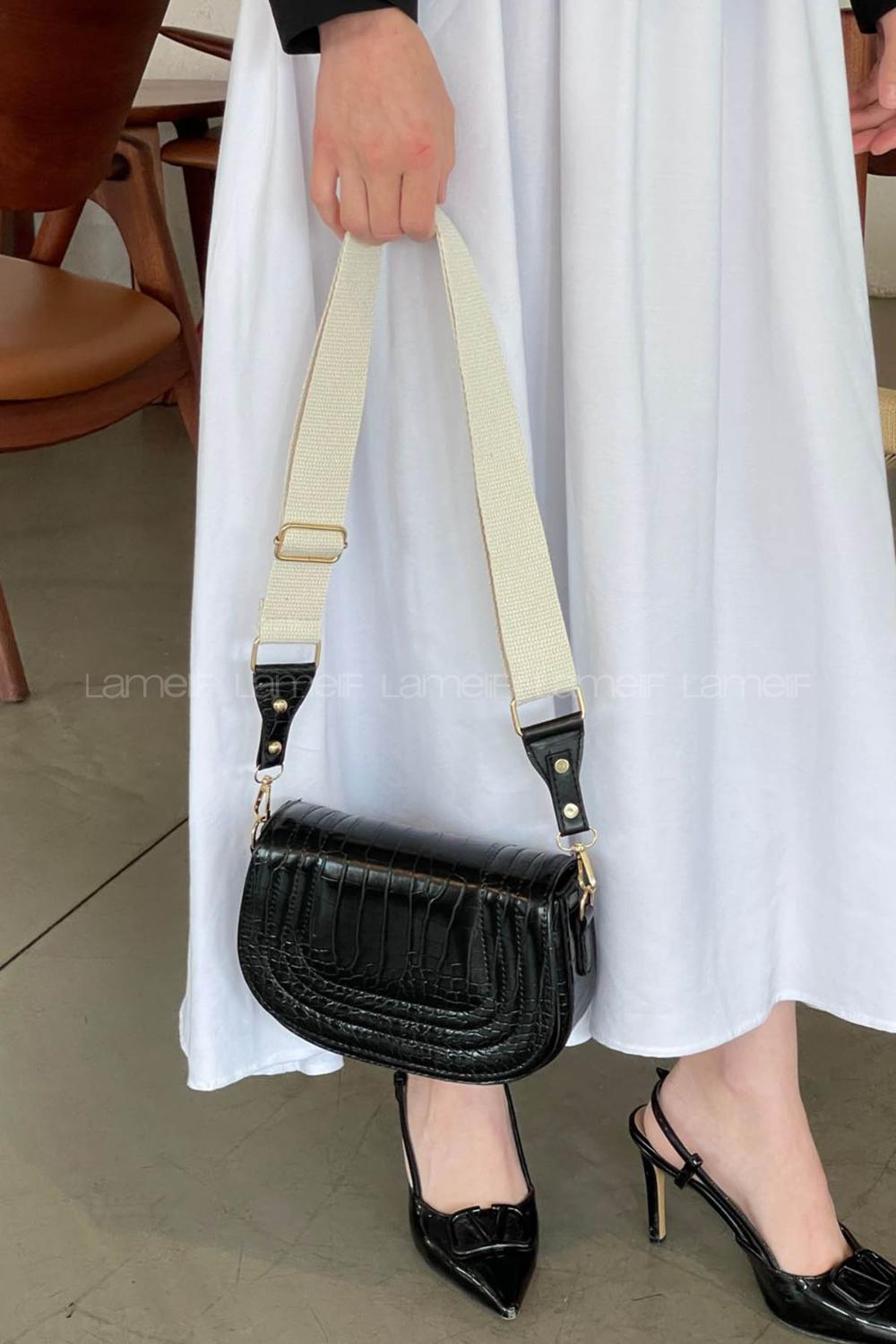 Lamelif Çapraz Askılı Kapaklı Kroko Çanta Siyah