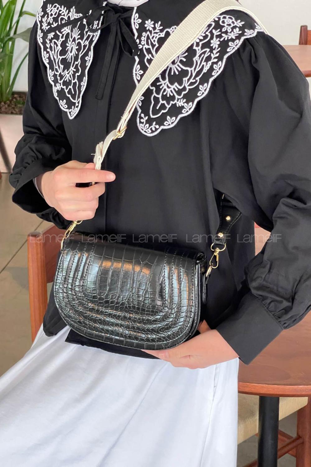 Lamelif Çapraz Askılı Kapaklı Kroko Çanta Siyah