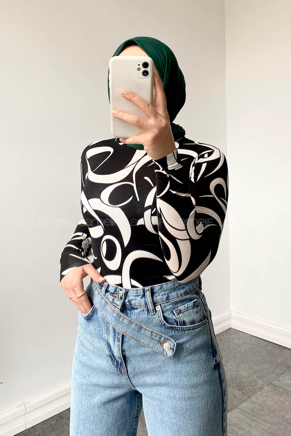 Lamelif Yarım Balıkçı Geometrik Desen Body Siyah