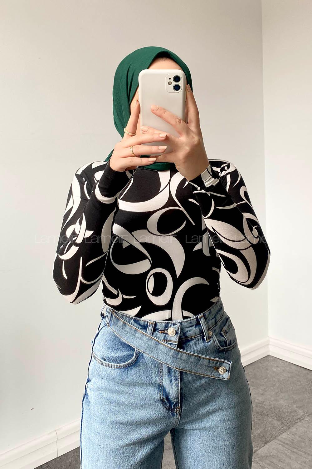 Lamelif Yarım Balıkçı Geometrik Desen Body Siyah