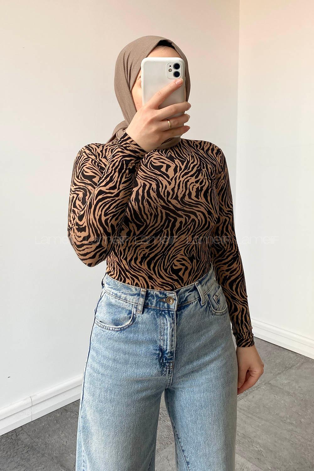Lamelif Zebra Desen Detaylı Body Sütlü Kahve