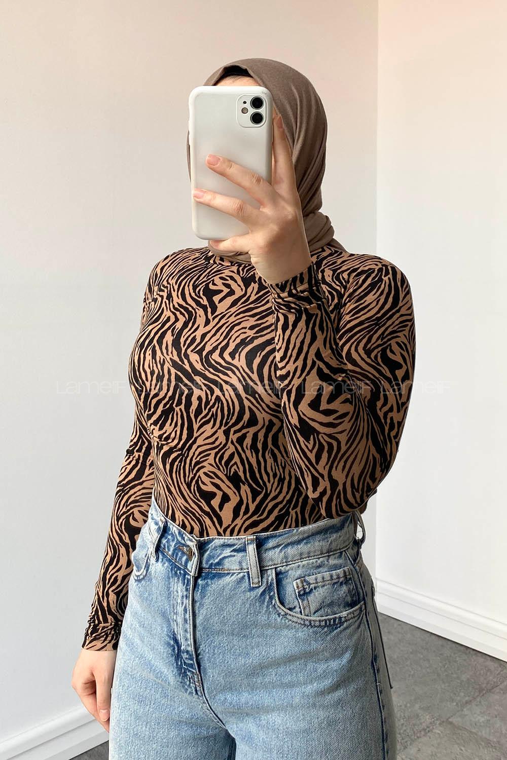 Lamelif Zebra Desen Detaylı Body Sütlü Kahve