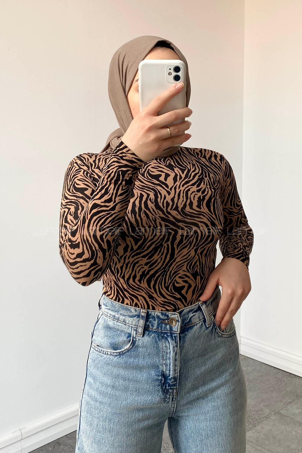 Lamelif Zebra Desen Detaylı Body Sütlü Kahve