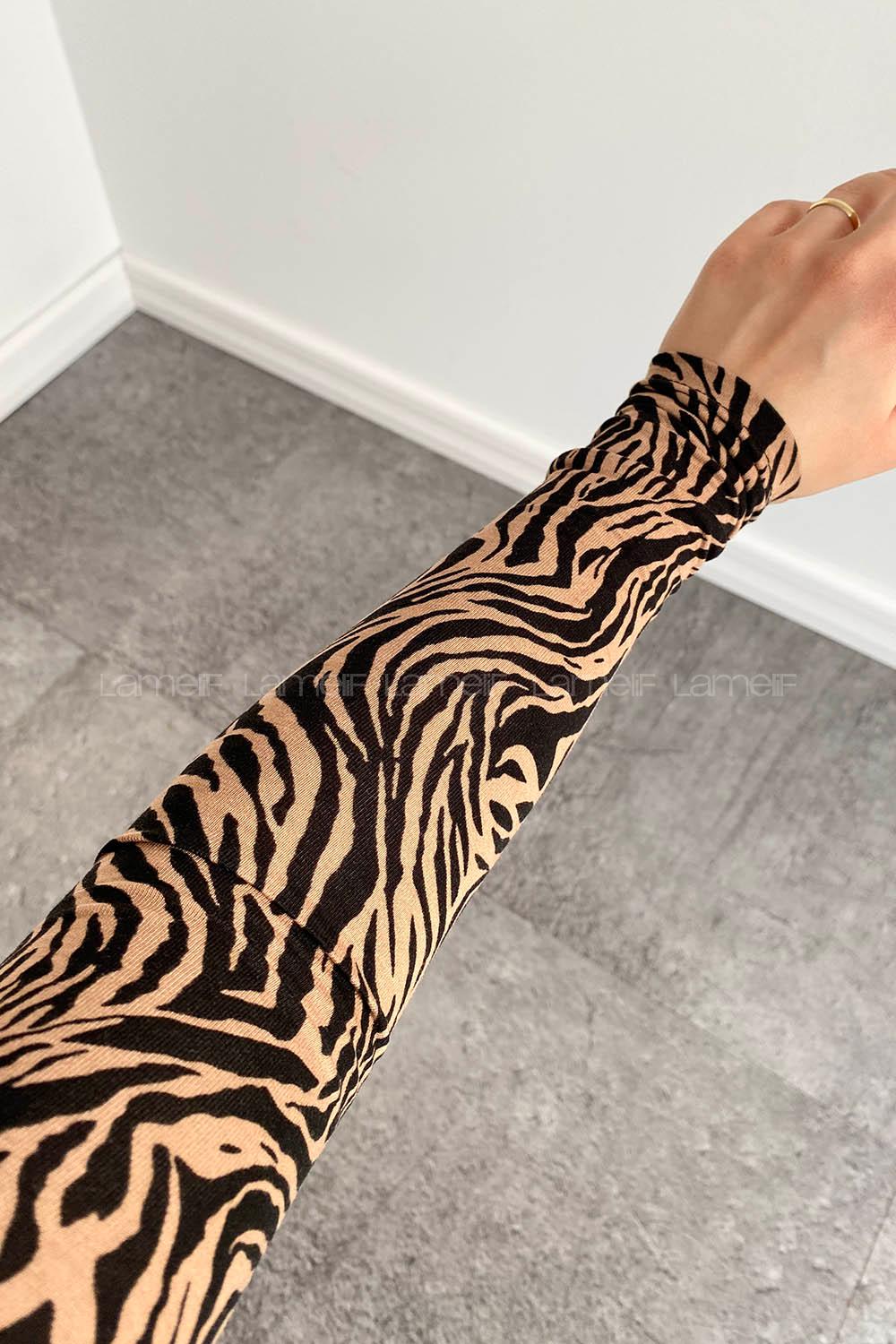 Lamelif Zebra Desen Detaylı Body Sütlü Kahve