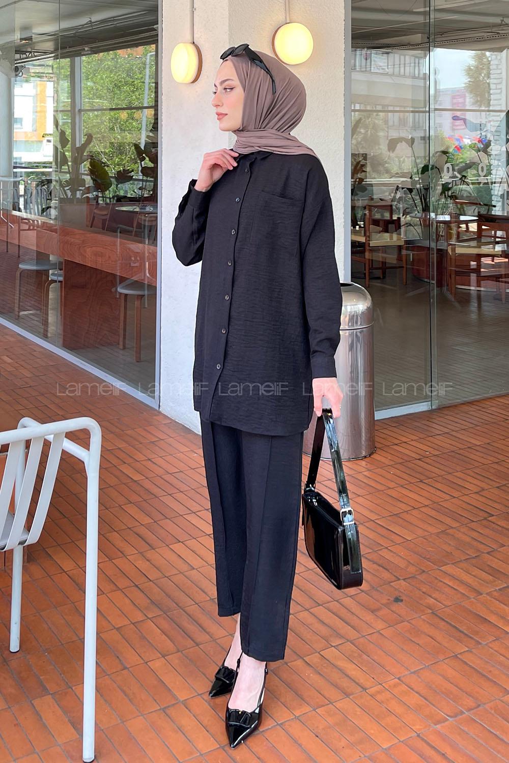 Black Shirt Collar Long Arm Cotton Lycra Trousers Linen Suit