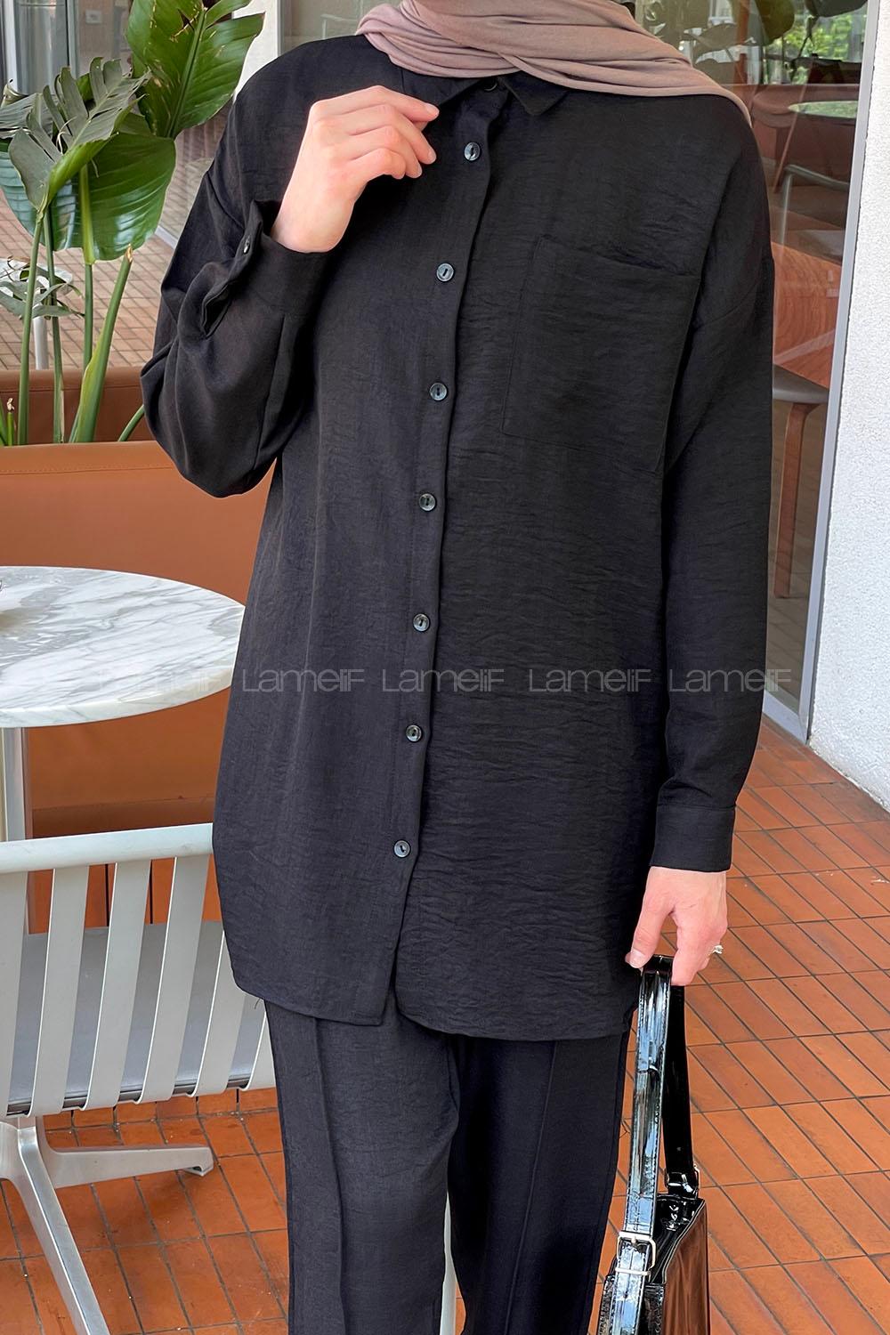 Black Shirt Collar Long Arm Cotton Lycra Trousers Linen Suit