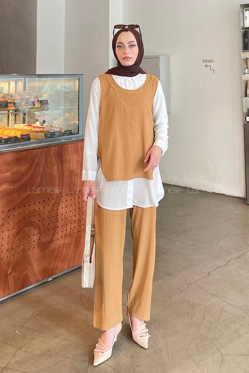 Lamelif Yan Düğme Detaylı Üçlü Bürümcük Tesettür Takım Açık Kiremit
