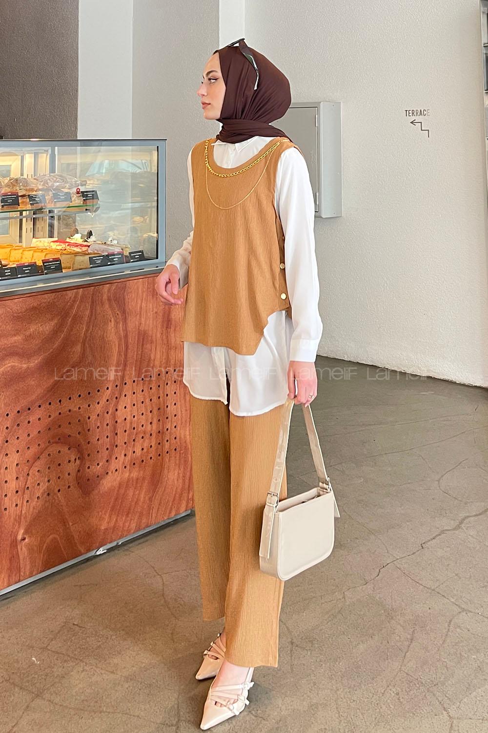 Lamelif Yan Düğme Detaylı Üçlü Bürümcük Tesettür Takım Açık Kiremit