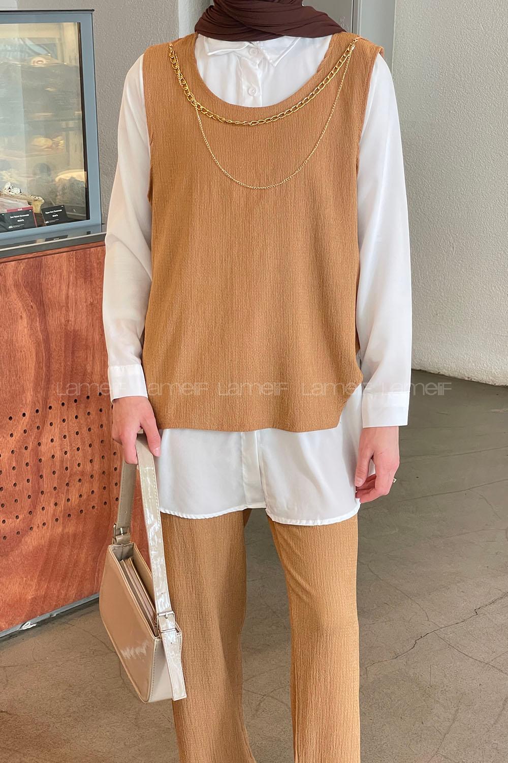 Lamelif Yan Düğme Detaylı Üçlü Bürümcük Tesettür Takım Açık Kiremit