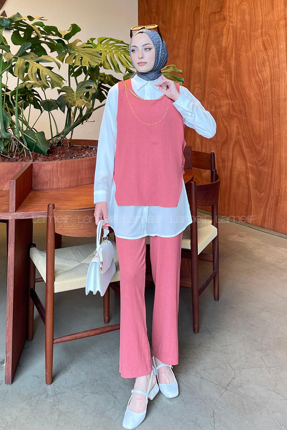 Lamelif Yan Düğme Detaylı Üçlü Bürümcük Tesettür Takım Gül