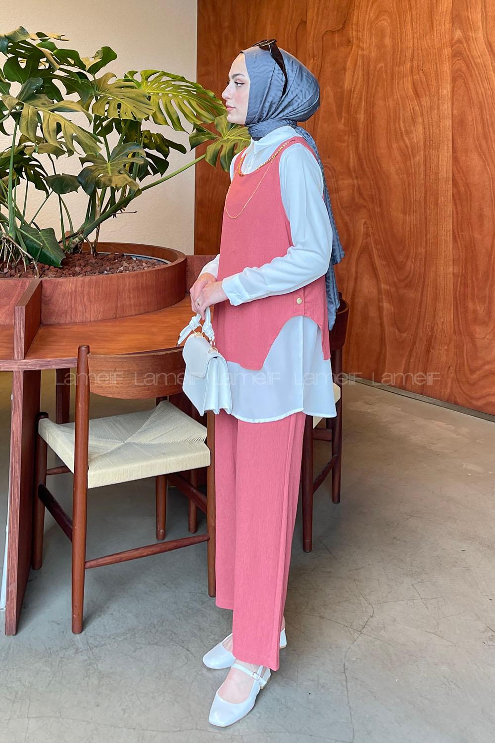 Lamelif Yan Düğme Detaylı Üçlü Bürümcük Tesettür Takım Gül