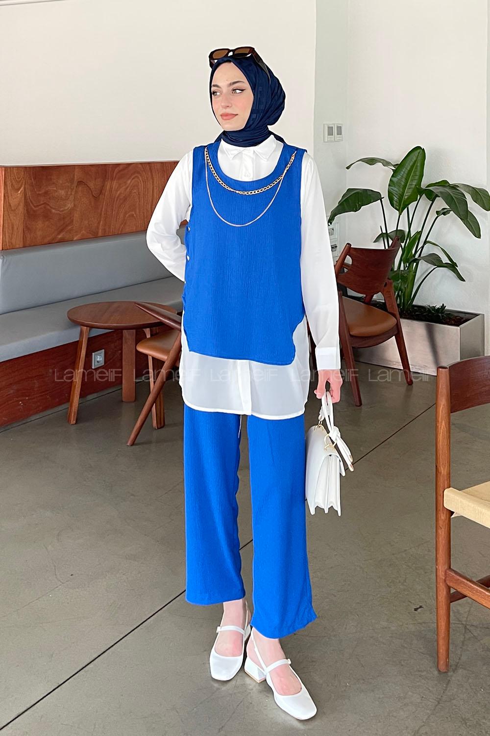 Lamelif Yan Düğme Detaylı Üçlü Bürümcük Tesettür Takım Saks Mavisi