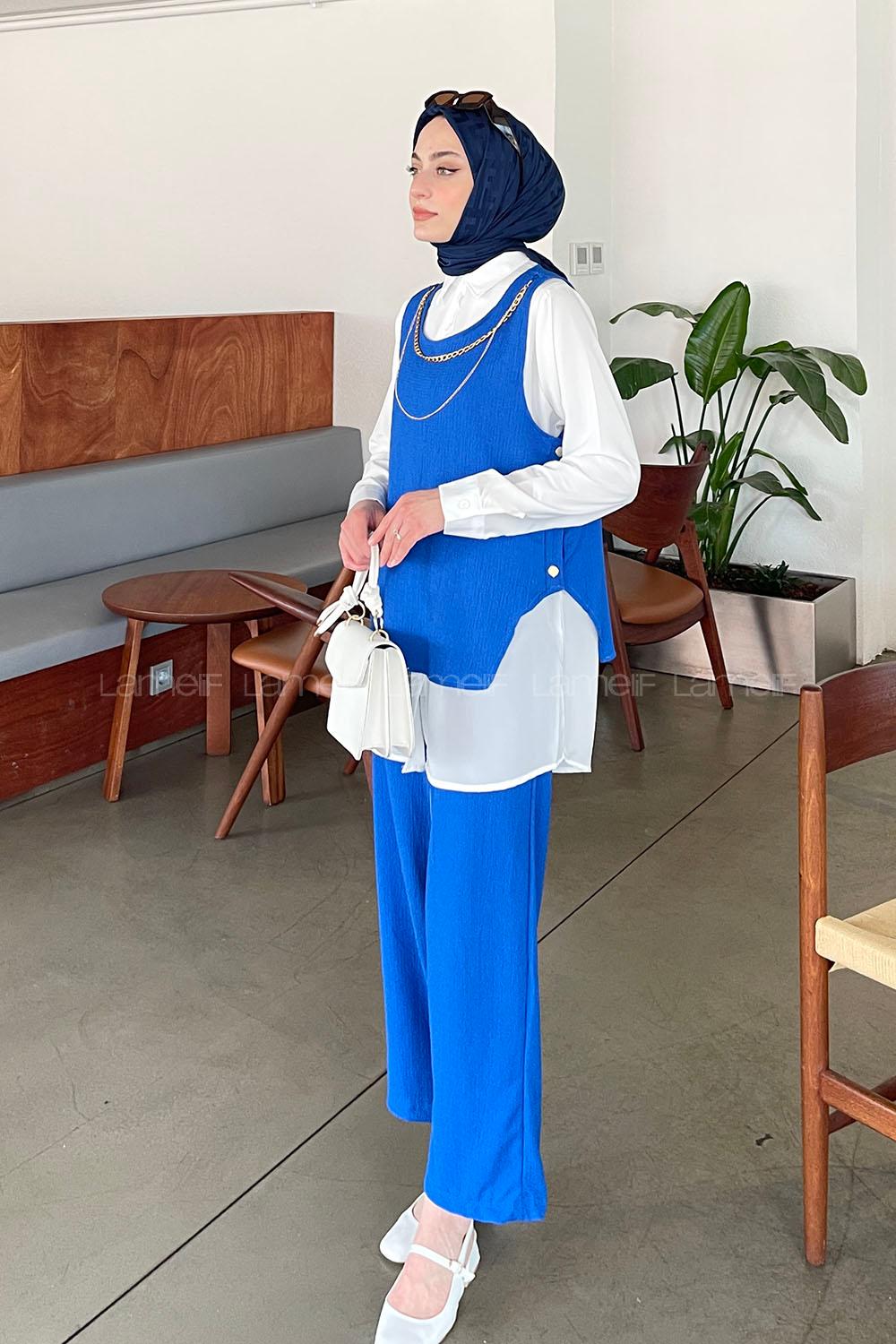 Lamelif Yan Düğme Detaylı Üçlü Bürümcük Tesettür Takım Saks Mavisi