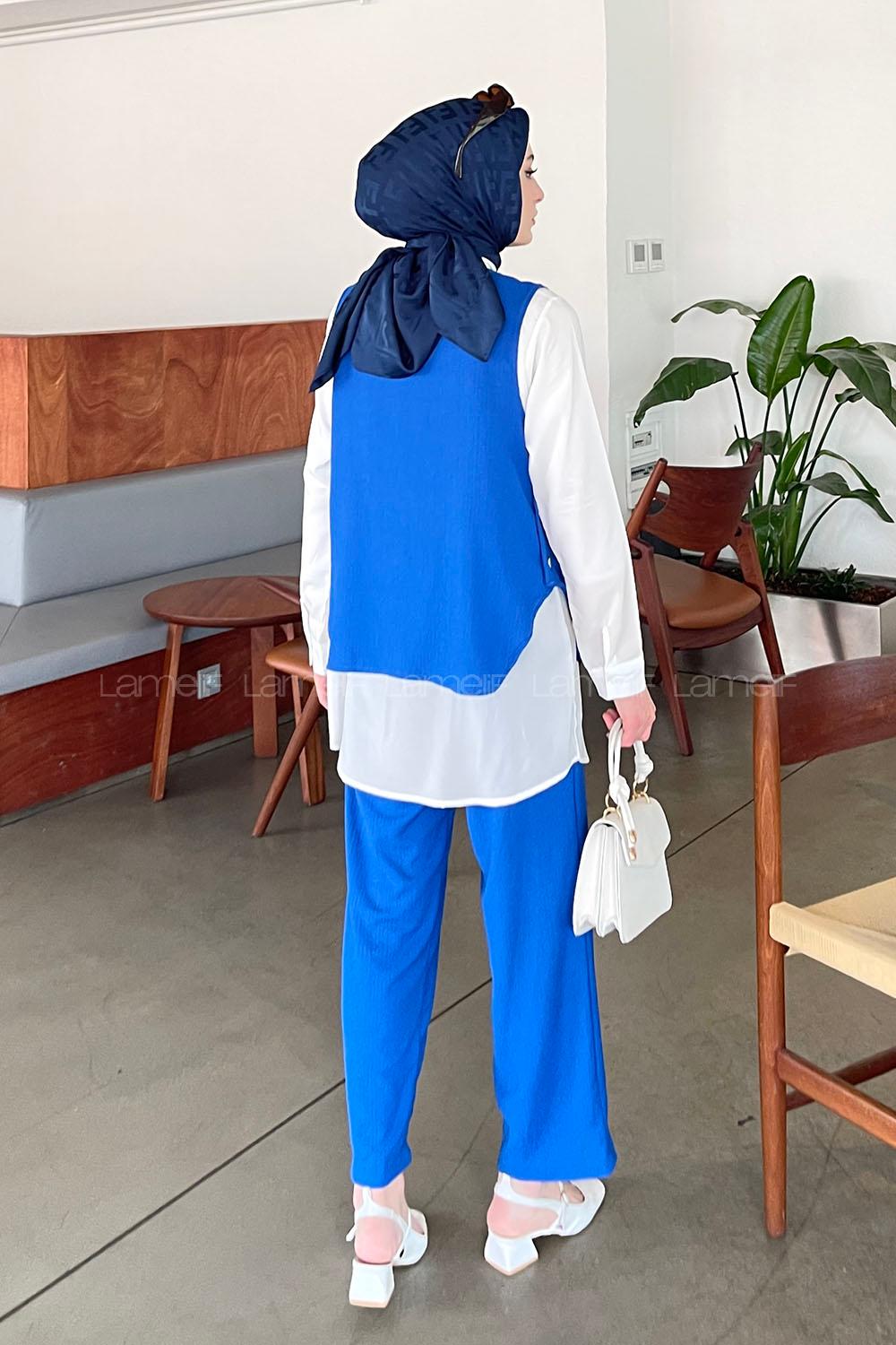 Lamelif Yan Düğme Detaylı Üçlü Bürümcük Tesettür Takım Saks Mavisi