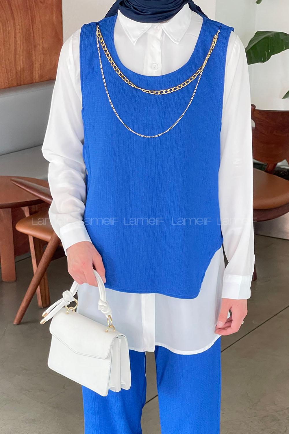 Lamelif Yan Düğme Detaylı Üçlü Bürümcük Tesettür Takım Saks Mavisi