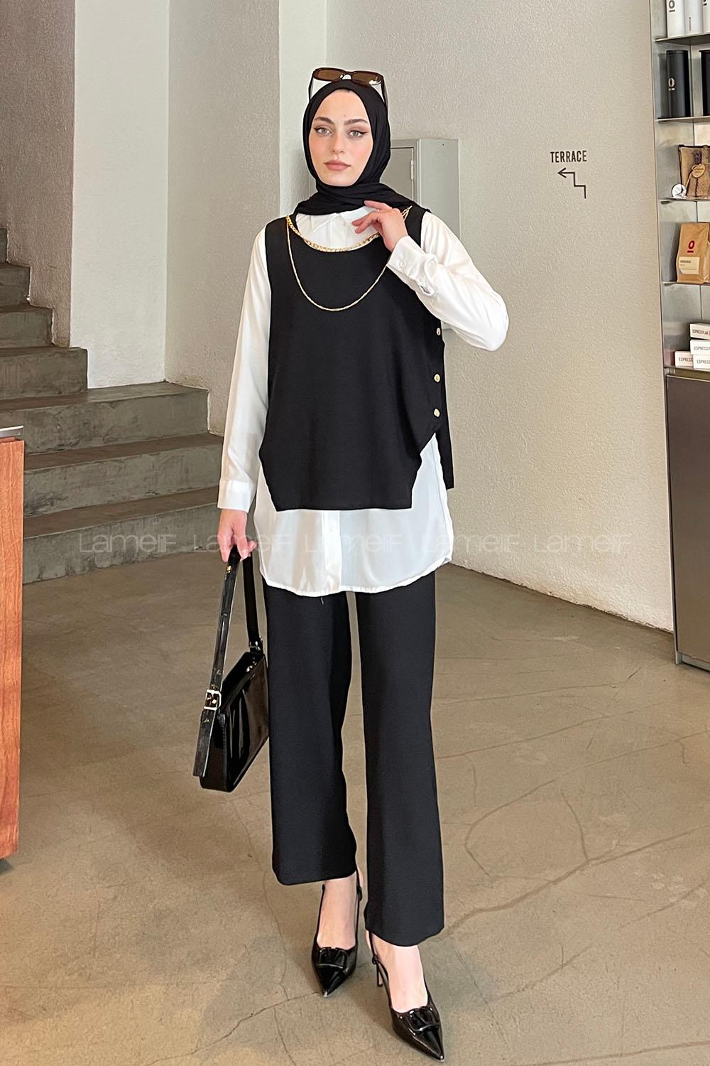 Black Shirt Collar Long Arm With Necklace Ayrobin Regular Trousers Comfortable Suit