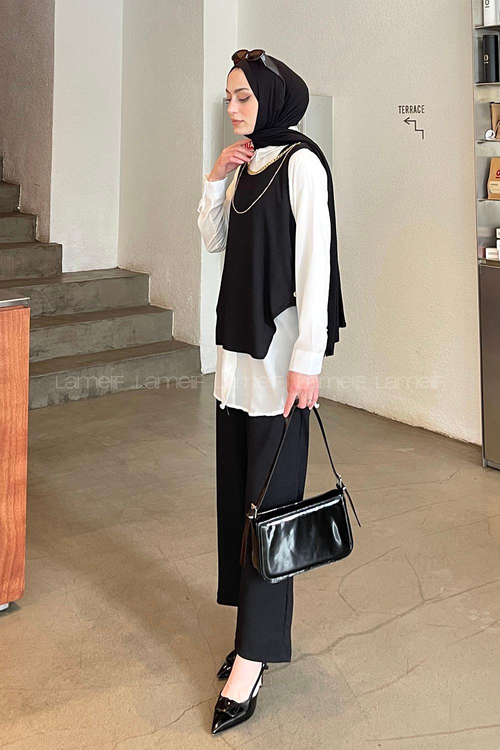 Black Shirt Collar Long Arm With Necklace Ayrobin Regular Trousers Comfortable Suit