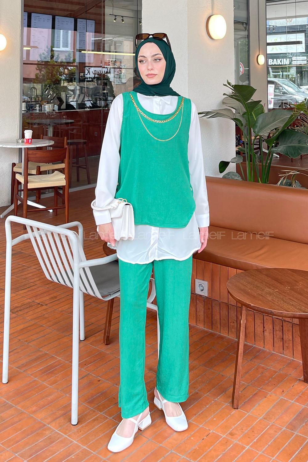 Lamelif Yan Düğme Detaylı Üçlü Bürümcük Tesettür Takım Yeşil