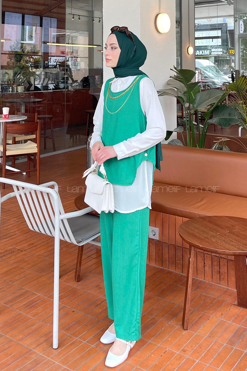 Lamelif Yan Düğme Detaylı Üçlü Bürümcük Tesettür Takım Yeşil