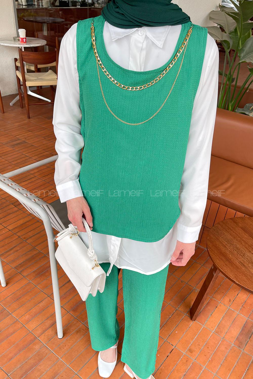 Lamelif Yan Düğme Detaylı Üçlü Bürümcük Tesettür Takım Yeşil