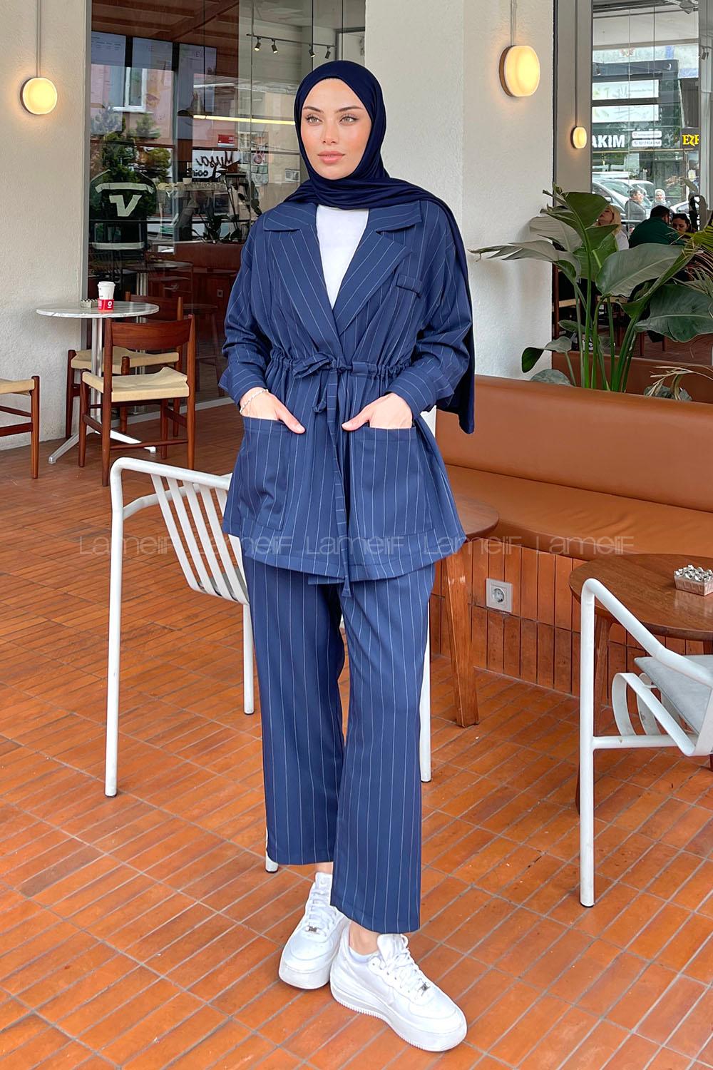 Navy Blue V Neck Long Arm Cotton Comfortable Suit