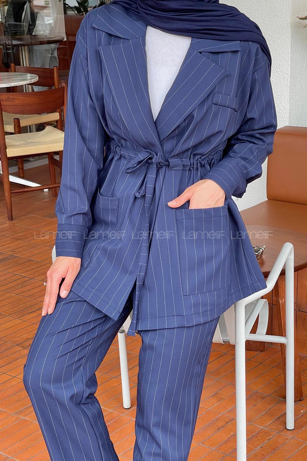 Navy Blue V Neck Long Arm Cotton Comfortable Suit