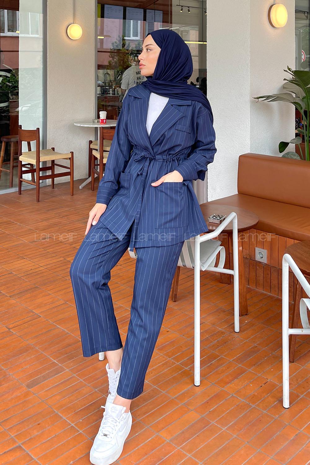 Navy Blue V Neck Long Arm Cotton Comfortable Suit