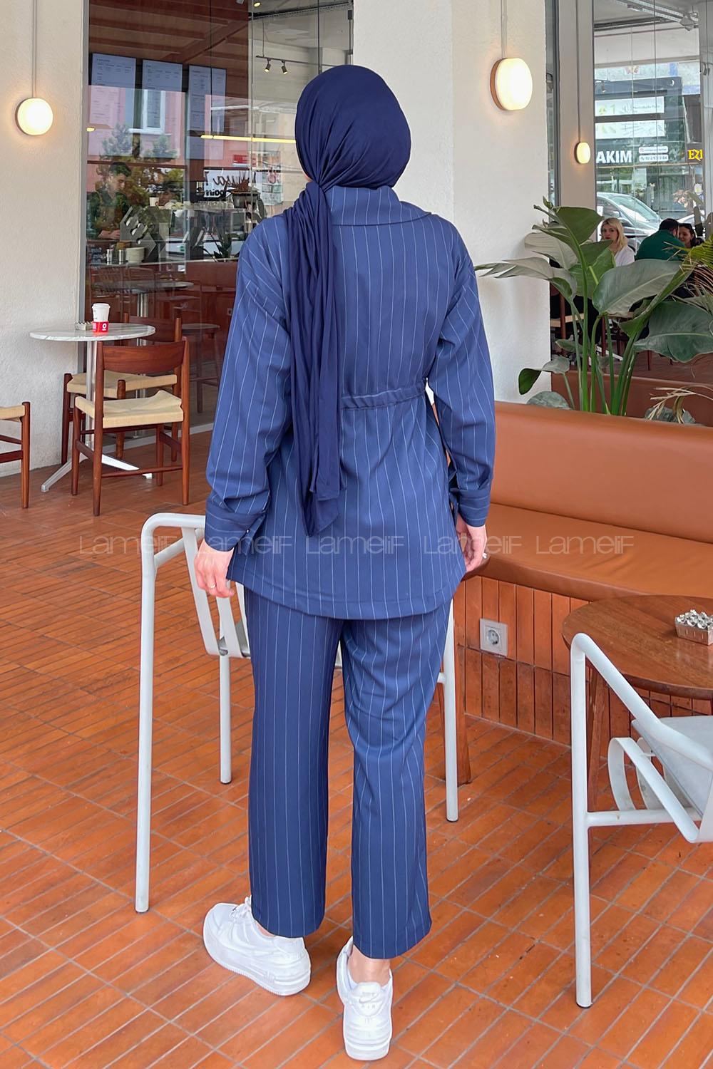 Navy Blue V Neck Long Arm Cotton Comfortable Suit