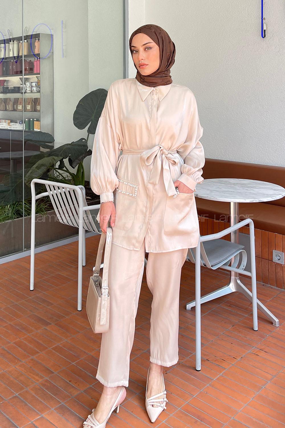 Lamelif Cep İnci Ve Taş Detaylı İkili Takım Bej