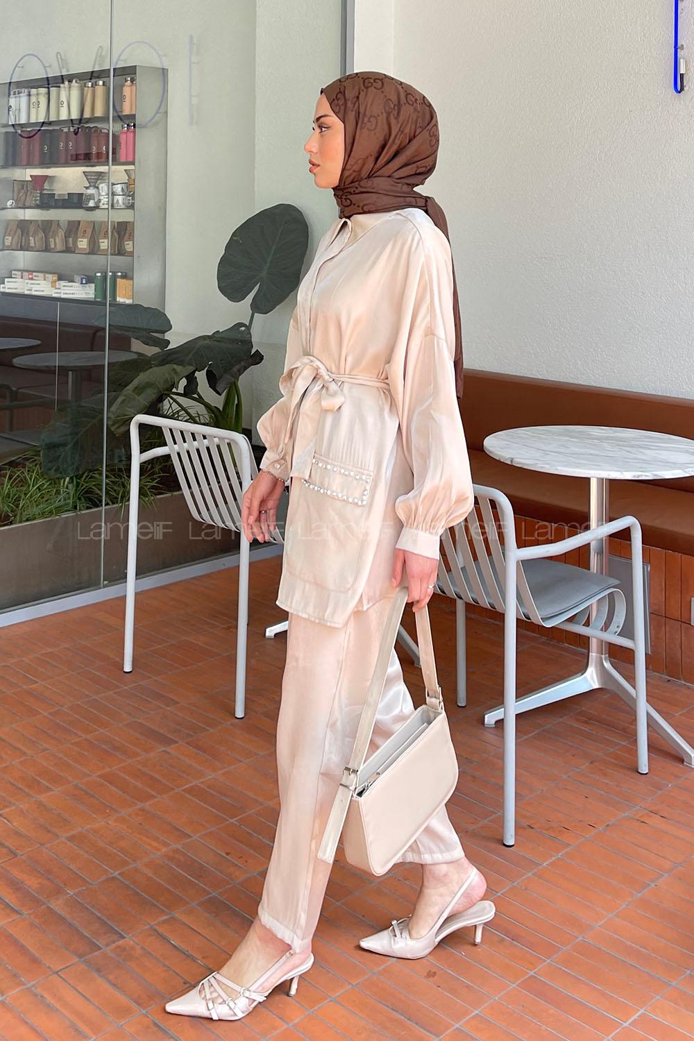 Lamelif Cep İnci Ve Taş Detaylı İkili Takım Bej